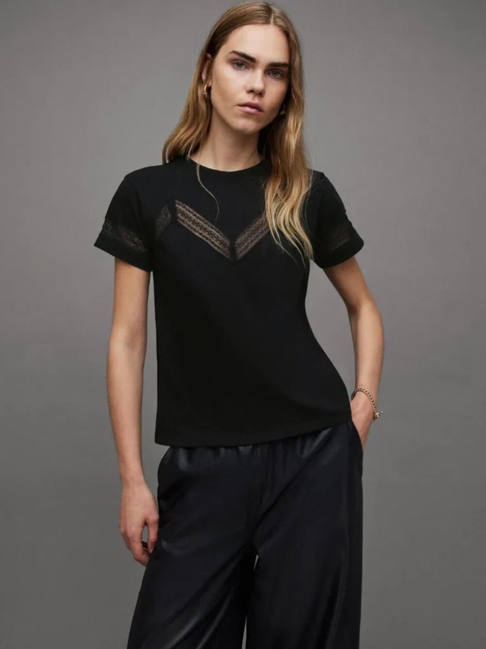 AllSaints Lina Lace Tee – Medium – Lace Detail – Organic Cotton